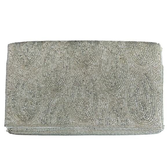 Carla Marchi Silver Metallic Beaded Clutch- Some inner staining- loose beads - Picture 1 of 9